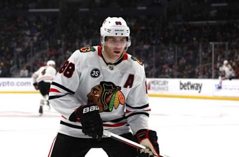 LOS ANGELES, CALIFORNIA – APRIL 21: Patrick Kane #88 of the Chicago Blackhawks forechecks during a 4-1 Los Angeles Kings win at Crypto.com Arena on April 21, 2022 in Los Angeles, California. (Photo by Harry How/Getty Images)