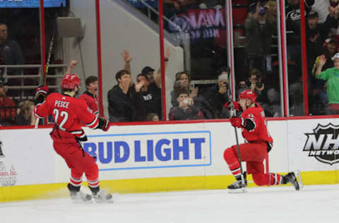 RALEIGH, NC – MARCH 28: Carolina Hurricanes left wing Warren Foegele (13) celebrates a goal during the 2nd period of the Carolina Hurricanes game versus the Washington Capitals on March 28th, 2019 at PNC Arena in Raleigh, NC. (Photo by Jaylynn Nash/Icon Sportswire via Getty Images)