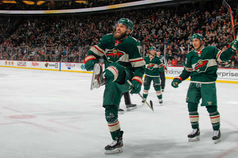 SAINT PAUL, MN – NOVEMBER 21: Jason Zucker #16 of the Minnesota Wild celebrates after scoring a goal against the Colorado Avalanche during the game at the Xcel Energy Center on November 21, 2019 in Saint Paul, Minnesota. (Photo by Bruce Kluckhohn/NHLI via Getty Images)