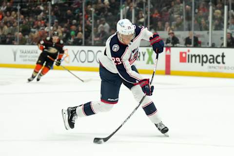 aMar 17, 2023; Anaheim, California, USA; Columbus Blue Jackets left wing Patrik Laine (29) shoots the puck against the Anaheim Ducks in the first period at Honda Center. Mandatory Credit: Kirby Lee-USA TODAY Sports