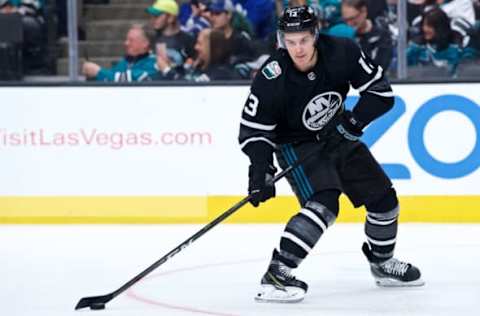 SAN JOSE, CA – JANUARY 26: (13) New York Islanders forward Mathew Barzal (13) skates with the puck at the NHL All-Star Game on January 26, 2019, at SAP Center in San Jose, CA (Photo by Matt Cohen/Icon Sportswire via Getty Images)