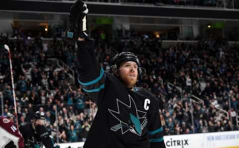 SAN JOSE, CA – MARCH 01: Joe Pavelski #8 of the San Jose Sharks celebrates a goal against the Colorado Avalanche at SAP Center on March 1, 2019 in San Jose, California (Photo by Brandon Magnus/NHLI via Getty Images)