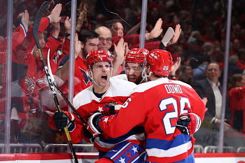 WASHINGTON, DC – MARCH 04: Garnet Hathaway #21 of the Washington Capitals celebrates his goal against the Philadelphia Flyers during the second period at Capital One Arena on March 4, 2020 in Washington, DC. (Photo by Patrick Smith/Getty Images)