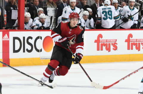 GLENDALE, AZ – JANUARY 16: Clayton Keller #9 of the Arizona Coyotes skates with the puck against the San Jose Sharks at Gila River Arena on January 16, 2019 in Glendale, Arizona. (Photo by Norm Hall/NHLI via Getty Images)