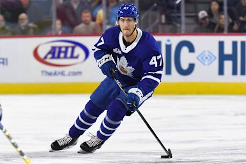 LAVAL, QC – NOVEMBER 13: Toronto Marlies left wing Pierre Engvall (47) skates in control of the puck during the Toronto Marlies versus the Laval Rocket game on November 13, 2018, at Place Bell in Laval, QC (Photo by David Kirouac/Icon Sportswire via Getty Images)