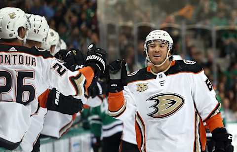 DALLAS, TX – OCTOBER 13: Kiefer Sherwood #64 of the Anaheim Ducks celebrates his goal against the Dallas Stars in the first period at American Airlines Center on October 13, 2018, in Dallas, Texas. (Photo by Ronald Martinez/Getty Images)