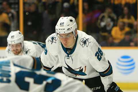 NASHVILLE, TN – MARCH 29: San Jose Sharks left wing Timo Meier (28) is shown during the NHL game between the Nashville Predators and San Jose Sharks, held on March 29, 2018, at Bridgestone Arena in Nashville, Tennessee. (Photo by Danny Murphy/Icon Sportswire via Getty Images)