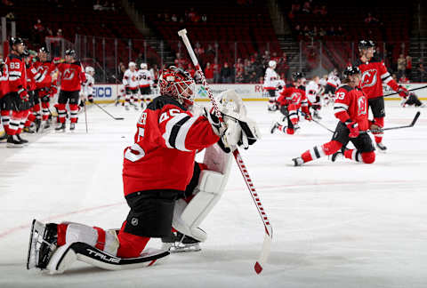 Jonathan Bernier #45 of the New Jersey Devils. (Photo by Elsa/Getty Images)