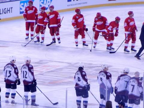 Colorado Avalanche alumni line up to face Detroit Red Wings alumni before the game begins. Photo credit: Nadia Archuleta