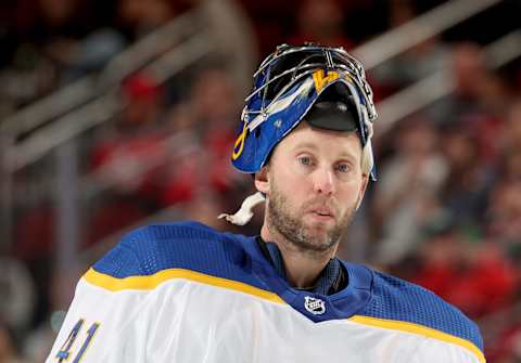 NEWARK, NEW JERSEY – APRIL 21: Craig Anderson #41 of the Buffalo Sabres skates back to his net during the second period against the New Jersey Devils at Prudential Center on April 21, 2022 in Newark, New Jersey. (Photo by Elsa/Getty Images)