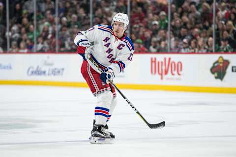 Mar 18, 2017; Saint Paul, MN, USA; New York Rangers defenseman Ryan McDonagh (27) against the Minnesota Wild at Xcel Energy Center. The Rangers defeated the Wild 3-2. Mandatory Credit: Brace Hemmelgarn-USA TODAY Sports.