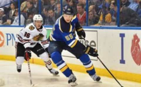 Mar 9, 2016; St. Louis, MO, USA; Chicago Blackhawks left wing Teuvo Teravainen (86) chases St. Louis Blues defenseman Colton Parayko (55) during the second period at Scottrade Center. Mandatory Credit: Jasen Vinlove-USA TODAY Sports