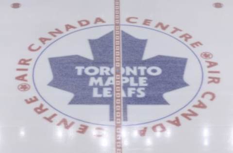 Dec 15, 2015; Toronto, Ontario, CAN; The Toronto Maple Leafs logo at center ice before the start of the game against the Tampa Bay Lightning at Air Canada Centre. The Lightning beat the Maple Leafs 5-4. Mandatory Credit: Tom Szczerbowski-USA TODAY Sports