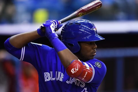 MONTREAL, QC – MARCH 26: Toronto Blue Jays infielder Vladimir Guerrero Jr. (27) at bat during the St. Louis Cardinals versus the Toronto Blue Jays spring training game on March 26, 2018, at Olympic Stadium in Montreal, QC (Photo by David Kirouac/Icon Sportswire via Getty Images)