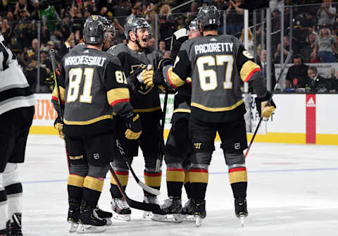 LAS VEGAS, NEVADA – SEPTEMBER 27: Paul Stastny #26 of the Vegas Golden Knights celebrates after scoring a goal during the third period against the Los Angeles Kings at T-Mobile Arena on September 27, 2019 in Las Vegas, Nevada. (Photo by David Becker/NHLI via Getty Images)