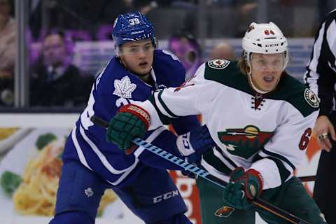 TORONTO, ON – MARCH 3: Toronto Maple Leafs right wing William Nylander (39) tries to keep in contact with his check, Minnesota Wild center Mikael Granlund (64). Toronto Maple Leafs V Minnesota Wild during 3rd period action in NHL regular season play at the Air Canada Centre. Leafs lose 2-1. Toronto Star/Rick Madonik (Rick Madonik/Toronto Star via Getty Images)