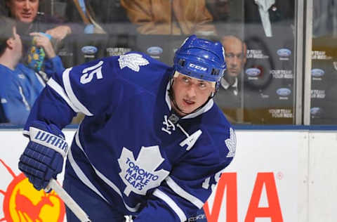 TORONTO, CANADA – FEBRUARY 10: Tomas Kaberle #15 of the Toronto Maple Leafs looks to pass the puck during game action against the New Jersey Devils on February 10, 2011 at the Air Canada Centre in Toronto, Ontario, Canada. (Photo by Graig Abel/NHLI via Getty Images)