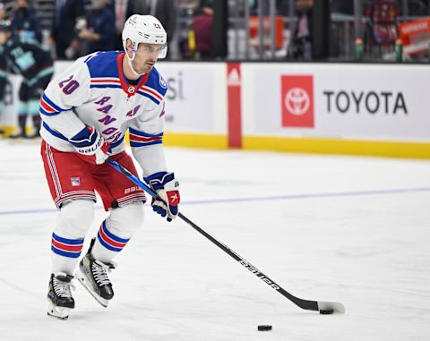 Oct 31, 2021; Seattle, Washington, USA; New York Rangers left wing Chris Kreider (20) during pre game warmups prior to the game against the Seattle Kraken at Climate Pledge Arena. Mandatory Credit: Steven Bisig-USA TODAY Sports