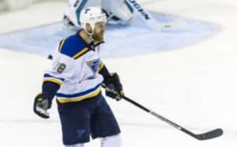 May 21, 2016; San Jose, CA, USA; St. Louis Blues center Kyle Brodziak (28) celebrates scoring against the San Jose Sharks in the second period of game four of the Western Conference Final of the 2016 Stanley Cup Playoffs at SAP Center at San Jose. Mandatory Credit: John Hefti-USA TODAY Sports