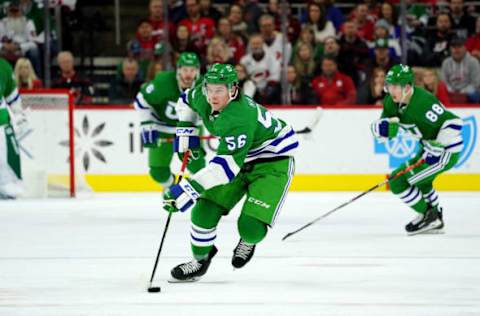 RALEIGH, NC – JANUARY 11: Erik Haula #56 of the Carolina Hurricanes skates with the puck during an NHL game against the Los Angeles Kings on January 11, 2020 at PNC Arena in Raleigh, North Carolina. (Photo by Gregg Forwerck/NHLI via Getty Images)