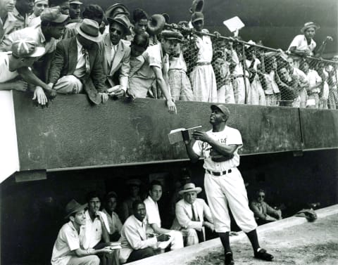 Jackie Robinson, foreground, and the Brooklyn Dodgers are at spring training in this photo taken in Ciudad Trujillo (present day Santo Domingo), Dominican Republic, March 1948. (Photo Reproduction by Transcendental Graphics/Getty Images)