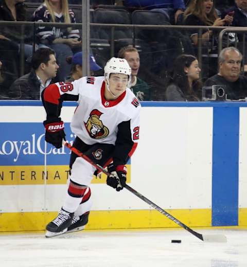 NEW YORK, NEW YORK – NOVEMBER 04: Erik Brannstrom #26 of the Ottawa Senators skates against the New York Rangers at Madison Square Garden on November 04, 2019 in New York City. The Senators defeated the Rangers 6-2. (Photo by Bruce Bennett/Getty Images)