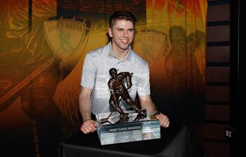 TAMPA, FL – APRIL 7: Adam Fantilli #19 of the Michigan Wolverines wins the 2023 Hobey Baker Memorial Award, hydrated by BioSteel, and Mike Richter Award ceremonies at the Sparkman Wharf on April 7, 2023 in Tampa, Florida. (Photo by Richard T Gagnon/Getty Images)