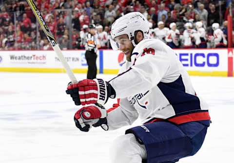 RALEIGH, NORTH CAROLINA – APRIL 22: Brett Connolly #10 of the Washington Capitals reacts after scoring a goal against the Carolina Hurricanes in the first period of Game Six of the Eastern Conference First Round during the 2019 NHL Stanley Cup Playoffs at PNC Arena on April 22, 2019 in Raleigh, North Carolina. (Photo by Grant Halverson/Getty Images)