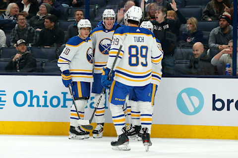 Dec 7, 2022; Columbus, Ohio, USA; Buffalo Sabres center Tage Thompson (72) celebrates his goal against the Columbus Blue Jackets during the first period at Nationwide Arena. Mandatory Credit: Russell LaBounty-USA TODAY Sports