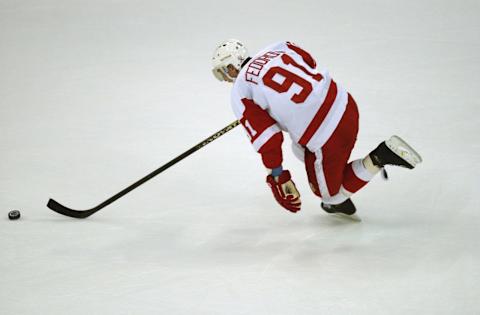 Center Sergei Fedorov #91 of the Detroit Red Wings. (Photo by Harry How/Getty Images/NHLI)