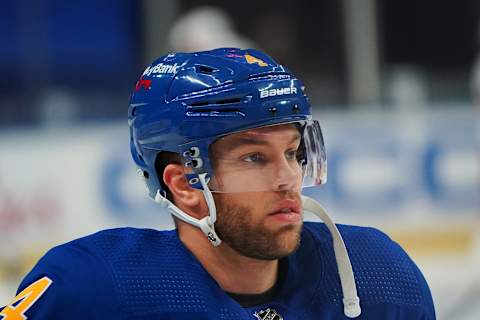 BUFFALO, NY – JANUARY 26: Taylor Hall #4 of the Buffalo Sabres before the game against the New York Rangers at KeyBank Center on January 26 , 2021 in Buffalo, New York. (Photo by Kevin Hoffman/Getty Images)