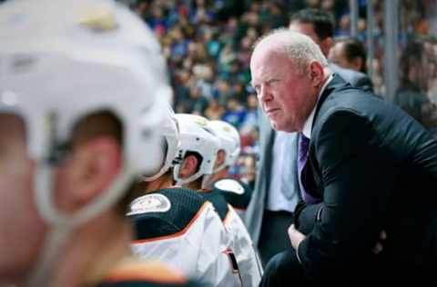 VANCOUVER, BC – FEBRUARY 25: Head coach Bob Murray of the Anaheim Ducks looks on from the bench during their NHL game against the Vancouver Canucks at Rogers Arena February 25, 2019 in Vancouver, British Columbia, Canada. (Photo by Jeff Vinnick/NHLI via Getty Images)”n