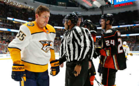 ANAHEIM, CALIFORNIA – MARCH 12: Cody McLeod #55 of the Nashville Predators stands up after being knocked to the ground during a fight with members of the Anaheim Ducks during the second period at Honda Center on March 12, 2019, in Anaheim, California. (Photo by Katharine Lotze/Getty Images)