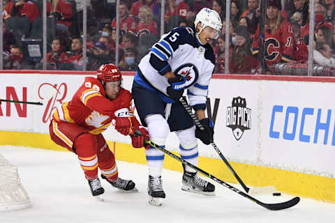 Nov 27, 2021; Calgary, Alberta, CAN; Calgary Flames forward Andrew Mangiapane  The Jets won 4-2. Mandatory Credit: Candice Ward-USA TODAY Sports