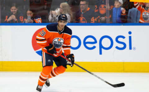 EDMONTON, AB – MARCH 11: Andreas Athanasiou #28 of the Edmonton Oilers skates against the Winnipeg Jets at Rogers Place on March 11, 2020, in Edmonton, Canada. (Photo by Codie McLachlan/Getty Images)