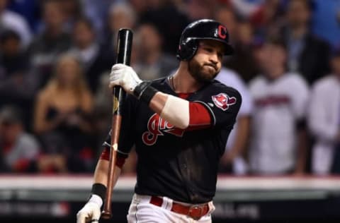 Nov 2, 2016; Cleveland, OH, USA; Cleveland Indians second baseman Jason Kipnis reacts after striking out against the Chicago Cubs in the 9th inning in game seven of the 2016 World Series at Progressive Field. Mandatory Credit: Ken Blaze-USA TODAY Sports