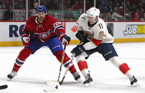 Mar 30, 2017; Montreal, Quebec, CAN; Montreal Canadiens defenseman Jeff Petry (26) and Jonathan Huberdeau. Mandatory Credit: Jean-Yves Ahern-USA TODAY Sports