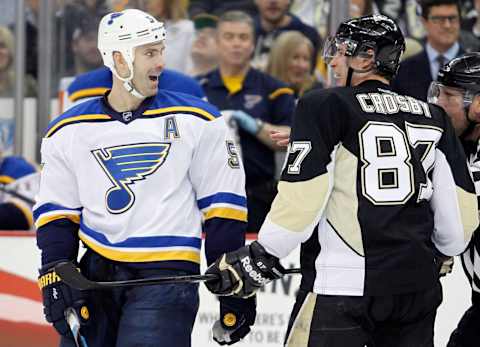 PITTSBURGH, PA – MARCH 24: Sidney Crosby #87 of the Pittsburgh Penguins and Barret Jackman #5 of the St. Louis Blues have words during the game at Consol Energy Center on March 24, 2015 in Pittsburgh, Pennsylvania. (Photo by Justin K. Aller/Getty Images)