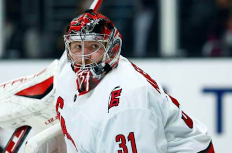 LOS ANGELES, CALIFORNIA – NOVEMBER 20: Frederik Andersen #31 of the Carolina Hurricanes in the second period at Staples Center on November 20, 2021, in Los Angeles, California. (Photo by Ronald Martinez/Getty Images)