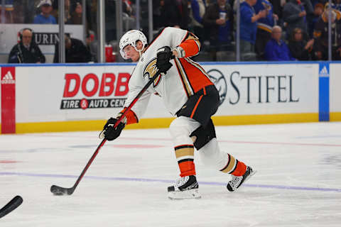 ST LOUIS, MO – NOVEMBER 21: John Klingberg #3 of the Anaheim Ducks shoots the puck against the St. Louis Blues in the second period at Enterprise Center on November 21, 2022 in St Louis, Missouri. (Photo by Dilip Vishwanat/Getty Images)