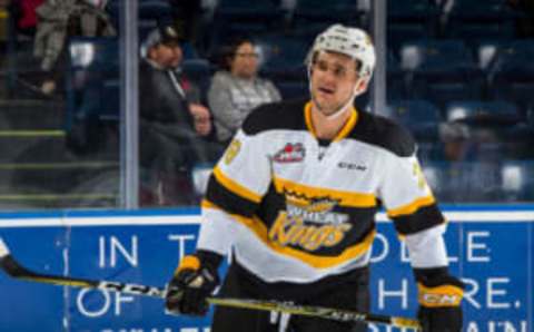 KELOWNA, BC – NOVEMBER 03: Baron Thompson #28 of the Brandon Wheat Kings warms up against the Kelowna Rockets at Prospera Place on November 3, 2018 in Kelowna, Canada. (Photo by Marissa Baecker/Getty Images)