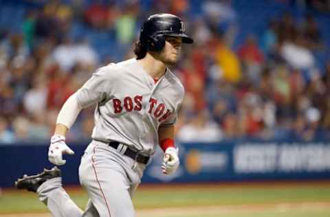 Aug 23, 2016; St. Petersburg, FL, USA; Boston Red Sox left fielder Andrew Benintendi (40) runs against the Tampa Bay Rays at Tropicana Field. Mandatory Credit: Kim Klement-USA TODAY Sports