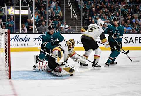 SAN JOSE, CA – OCTOBER 04: Marc-Andre Fleury #29 of the Vegas Golden Knights dives to make the save against Dylan Gambrell #7 of the San Jose Sharks at SAP Center on October 4, 2019 in San Jose, California. (Photo by Brandon Magnus/NHLI via Getty Images)