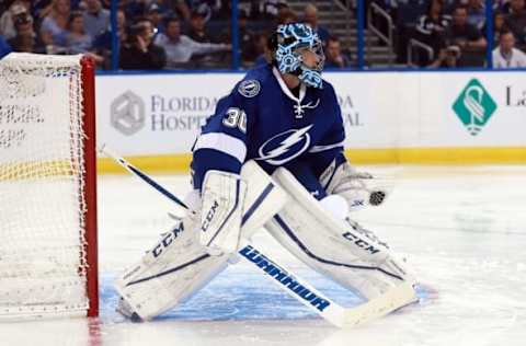 Apr 13, 2016; Tampa, FL, USA; Tampa Bay Lightning goalie Ben Bishop (30) against the Detroit Red Wings during the second period in game one of the first round of the 2016 Stanley Cup Playoffs at Amalie Arena. Mandatory Credit: Kim Klement-USA TODAY Sports