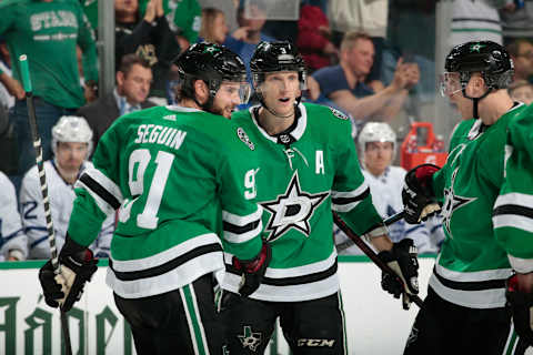 DALLAS, TX – OCTOBER 9: John Klingberg #3, Tyler Seguin #91, Esa Lindell #23 and the Dallas Stars celebrate a goal against the Toronto Maple Leafs at the American Airlines Center on October 9, 2018 in Dallas, Texas. (Photo by Glenn James/NHLI via Getty Images)