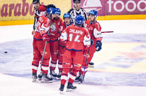 TURKU, FINLAND – NOVEMBER 13: Michael Spacek of the Czech Republic (L) celebrates his goal during the Karjala Cup 2022 game between the Czech Republic and Switzerland at Gatorade Center on November 13, 2022, in Turku, Finland. (Photo by Vedran Galijas/Eurasia Sports Images/Getty Images)