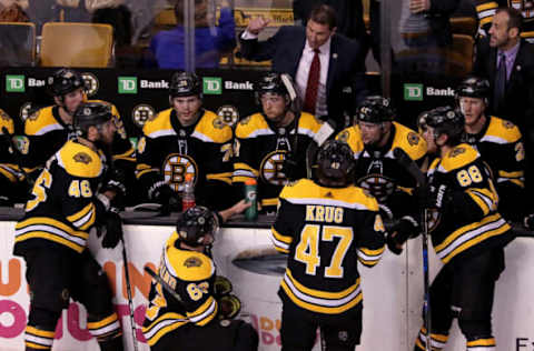 BOSTON – FEBRUARY 10: Boston Bruins head coach Bruce Cassidy talks to the team during a time out late in the third period. The Boston Bruins host the Buffalo Sabres at TD Garden in Boston on Feb. 10, 2018. (Photo by Barry Chin/The Boston Globe via Getty Images)