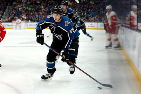 COLUMBUS, OH – DECEMBER 04: Yegor Chinakhov #59 of the Columbus Blue Jackets controls the puck during the game against the Detroit Red Wings at Nationwide Arena on December 4, 2022 in Columbus, Ohio. (Photo by Kirk Irwin/Getty Images)