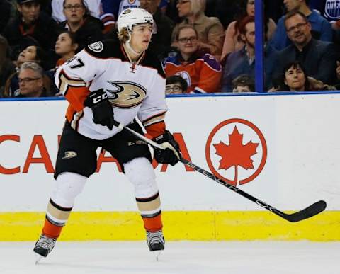 Feb 16, 2016; Edmonton, Alberta, CAN; Anaheim Ducks defensemen Hampus Lindholm (47) skates against the Edmonton Oilers at Rexall Place. Mandatory Credit: Perry Nelson-USA TODAY Sports