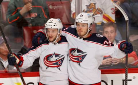 SUNRISE, FL – FEBRUARY 24: Justin Danforth #17 of the Columbus Blue Jackets celebrates his third-period goal with Cole Sillinger against the Florida Panthers at the FLA Live Arena on February 24, 2022 in Sunrise, Florida. (Photo by Joel Auerbach/Getty Images)